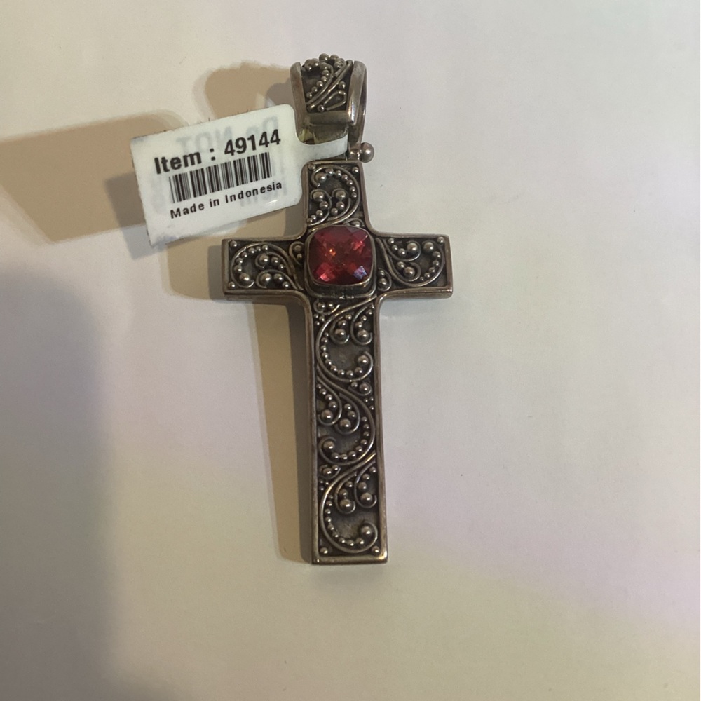 Ornate Silver Cross Pendant with Peony Topaz (no chain)